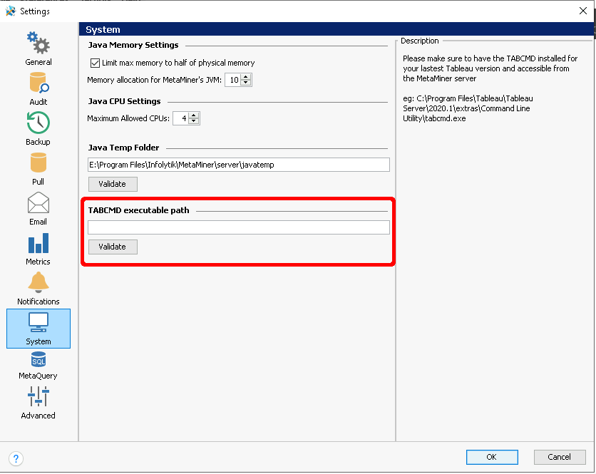 Specify TABCMD Executable