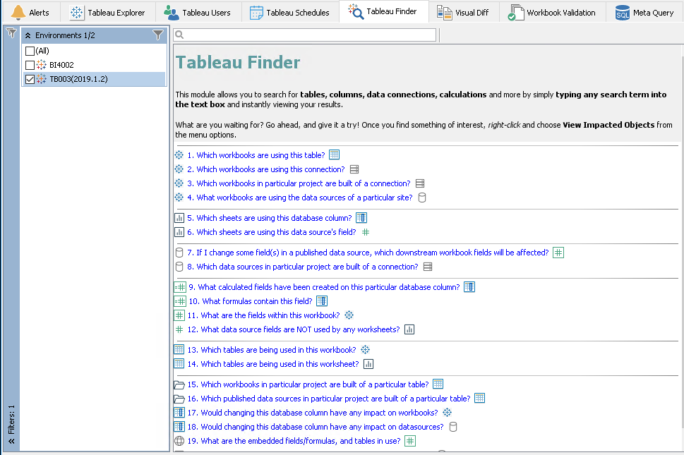 MetaMiner Tableau Finder Tab