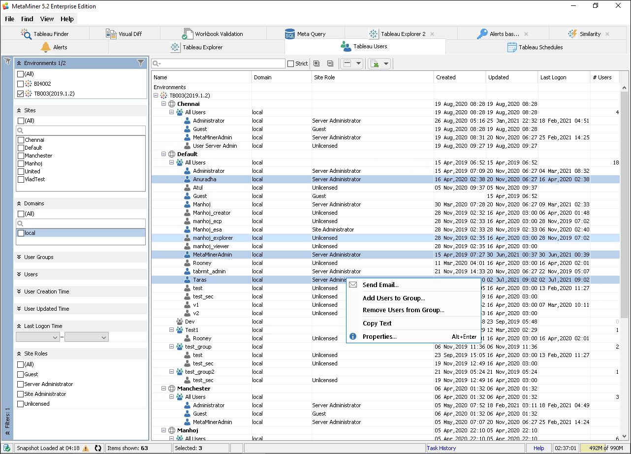 MetaMiner Tableau Users Tab