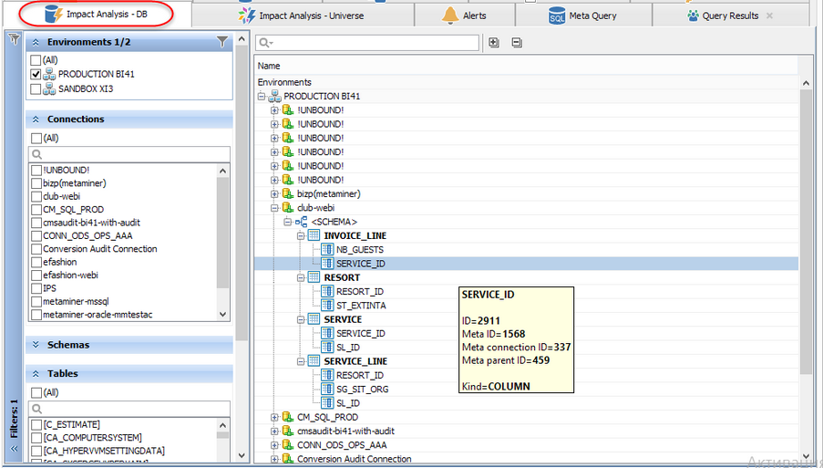 metaminer-application-tabs-impact-analysis-database